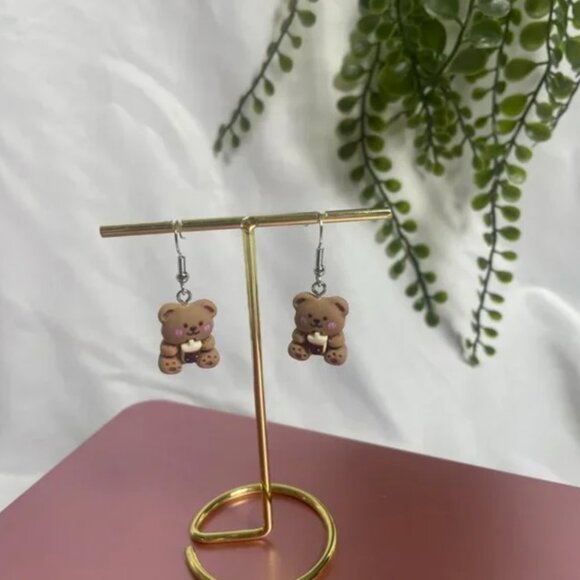 ⭐️❤️ FREE Bear Drink Boba Cute Coffee Animal Drop Girly Chic Glam Artsy Earrings - Picture 6 of 8